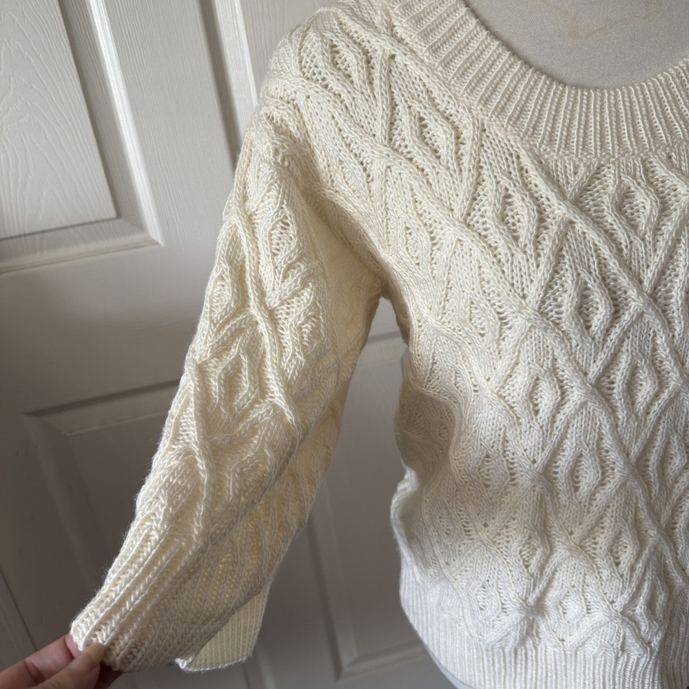 Cream Cable Pointelle Open Knit Sweater Womens  M 3/4 Sleeve Scoop Neck  a.n.a - Picture 4 of 13